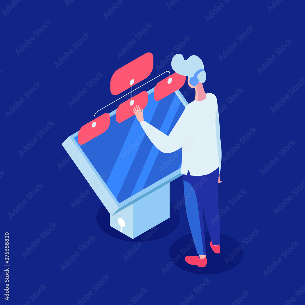Poster customer support vector isometric illustration. call center operator, client manager interact with m