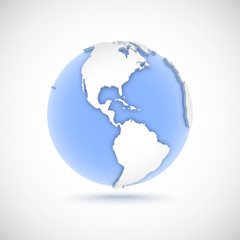 Volumetric globe in white and blue colors. 3d vector illustration with continents America, America, North, South and Central America