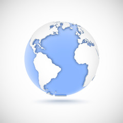 Volumetric globe in white and blue colors. 3d vector illustration with continents America, Europe, Africa