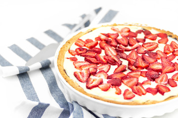 Homemade backery pie with strawberry and custard. Summer recipe delicious berry tart. Fruit cake ricotta cream cheese. Low fat meal.