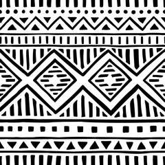 Nahtloses ethnisches Muster. Handgefertigt. Horizontale Streifen. Schwarz-Weiß-Druck für Ihre Textilien. Vektor-Illustration.