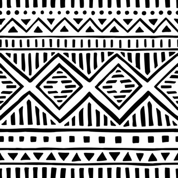 Seamless ethnic pattern. Handmade. Horizontal stripes. Black and white print for your textiles. Vector illustration.