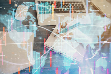 International business hud over woman's hands writing background. Concept of hard work. Double exposure