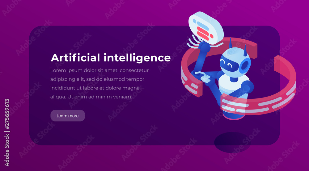 Aufkleber artificial intelligence isometric landing template page. virtual assistance chatbot, software applic