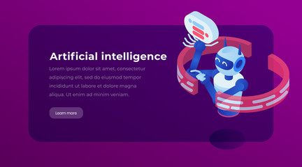Artificial intelligence isometric landing template page. Virtual assistance chatbot, software application, website vector layout. Cybernetic technology 3d concept illustration