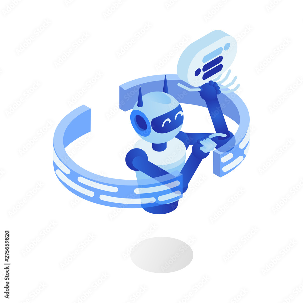 Aufkleber internet bot flat vector illustration. futuristic robot program, virtual assistant, chatbot, 3d cart