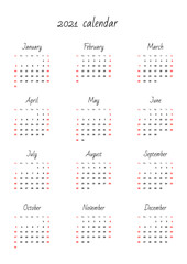 Monthly calendar 2021 template. A4. Vector illustration 8 EPS.