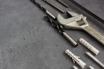 Tools on a dark  background with copy spase. Set of joinery tool