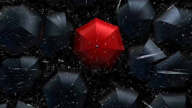 Leader in the Crowd Concept, Red Umbrella Wades Through a Flow of Black Umbrellas. Beautiful 3d Animation, 4K