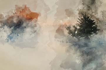 Digital watercolor painting of Bevy herd of swans on misty foggy Autumn Fall lake