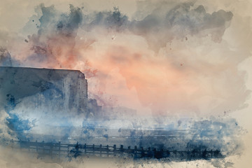 Plakat Digital watercolor painting of Beautiful dramatic foggy Winter sunrise Seven Sisters cliffs landscape in England