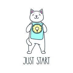Just start. Illustration of funny cat holding scales in his paws. Dieting or good health concept. Vector 8 EPS.