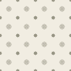 Vector seamless pattern on the theme of nautical travel, adventure and discovery. Wind roses and steering wheels in retro style on beige background