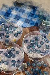 Digital watercolor painting of Vanilla yoghurt with fresh blueberries for breakfast