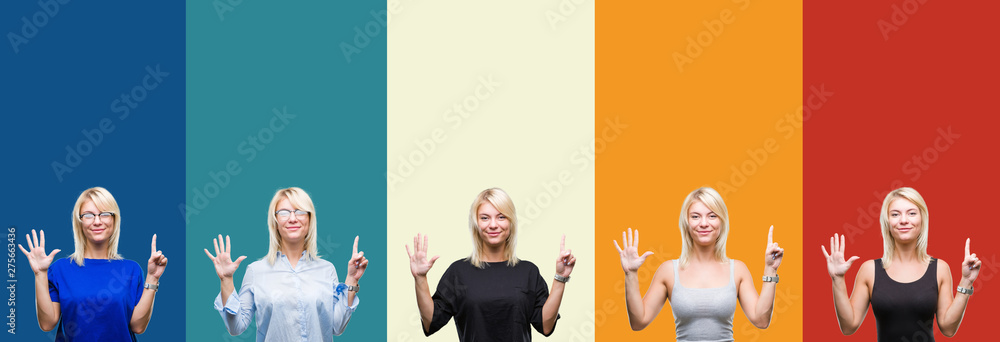 Sticker collage of beautiful blonde woman over colorful vintage isolated background showing and pointing up 