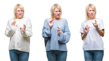 Collage of beautiful blonde woman wearing winter sweater over isolated background disgusted expression, displeased and fearful doing disgust face because aversion reaction. With hands raised. 