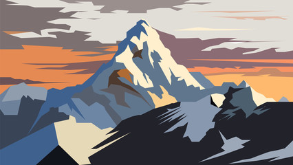 Vector drawing of the mountain peak. Highest mountain peak on the planet. Vector illustration of mountains, rocks and peaks. - obrazy, fototapety, plakaty