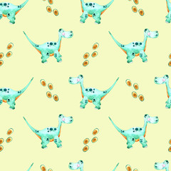 Seamless watercolor pattern with green dinosaurs. Watercolor children's illustration in cartoon style for t-shirts, fabrics, stickers, packaging paper, gifts