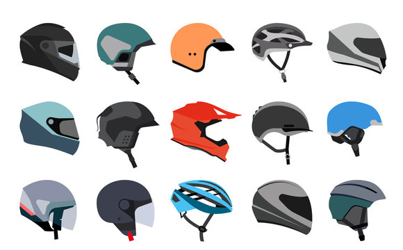 Set of racing helmets on a white background. Racing helmets for car, motorcycle and bicycle. Head protection.