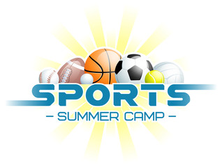 Sports Summer Camp concept with different Sports Balls and the sun. Vector illustration.