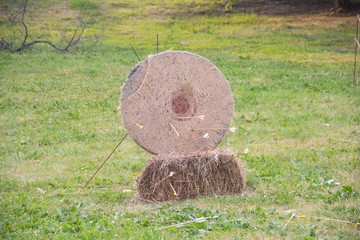 Old straw target for archery. The arrows of the Archer