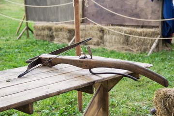 medieval wooden crossbow, middle ages weapon - isolated with clipping path