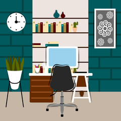 Office workplace room with a bookcase- Vector