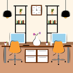 Office workplace room with a bookcase- Vector
