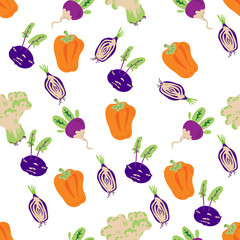 Seamless pattern with artichokes, radish and other vegetables flat vector illustration. Endless texture for organic food and modern kitchen accessories design.