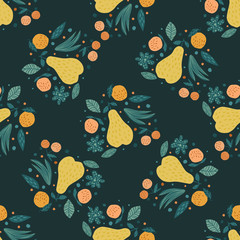 Fruits seamless pattern. Cherry berries, apples, pears and leaves
