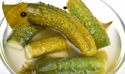 Fresh salted cucumbers in a glass bowl with pickle close-up on a neutral white background