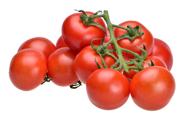 Cluster of ripe summer cherry tomatoes on a green stalk on a neutral white background close up
