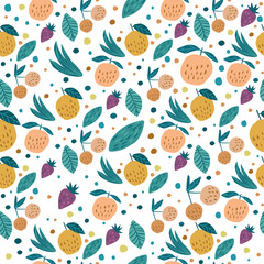 Fruits seamless pattern. Cherry berries, apples, strawberries