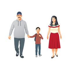Happy Latin family with child goes to elementary school. Hispanic mustachioed father holds his sons hand. Vector illustration.