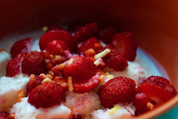 ice cream in a plate with strawberries. dessert