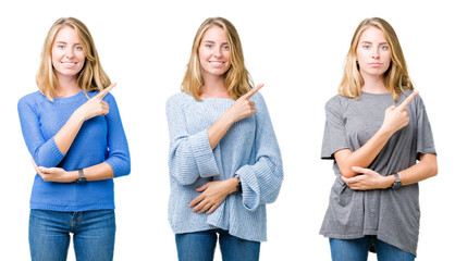 Obraz premium Collage of beautiful blonde woman over white isolated background Pointing with hand finger to the side showing advertisement, serious and calm face