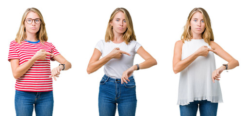 Collage of beautiful blonde woman over white isolated background In hurry pointing to watch time, impatience, upset and angry for deadline delay