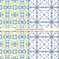 Seamless vector patterns with ornament elements and botanical elements. Children's, kitchen textiles, print for textiles, wallpaper design, turn paper, packaging design.