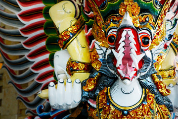 Wooden carved statue of garuda in hindu temple in Bali-Indonesia