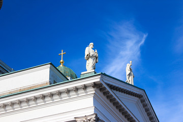 St. Nicholas Cathedral of Helsinki, Finland. Cathedral on Senate Square and beautiful blue sky