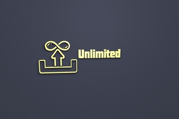 3D illustration of Unlimited, yellow color and yellow text with dark background.