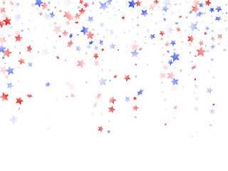 Flying red blue white star sparkles on white vector american patriotic background.