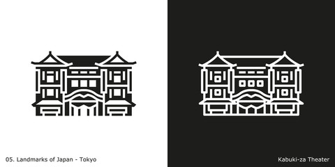 Tokyo: Kabuki-za theater. Outline and glyph style icons of the famous landmark from Japan.