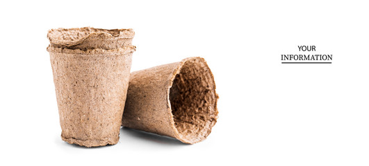 Pots for seedlings of ecological cardboard. Peat seed pots. Pots on isolated white background.