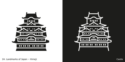 Himeji Castle. Outline and glyph style icons of the famous landmark from Japan.