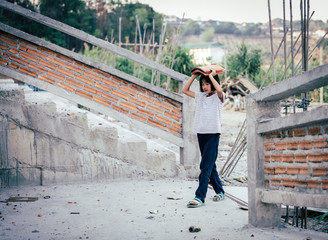 Children are forced to work in the construction area. Human rights concepts stop child abuse,...