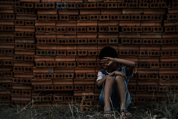 Children are forced to work in the construction area. Human rights concepts, stopping child abuse,...