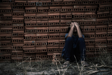 Children are forced to work in the construction area. Human rights concepts stop child abuse,...