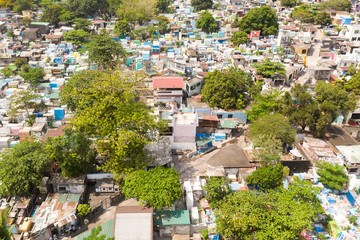 City cemetery in Manila, view from above. Many stone coffins and crypts. Old cemetery with...