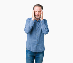 Fototapeta premium Handsome middle age elegant senior man over isolated background with hand on head for pain in head because stress. Suffering migraine.